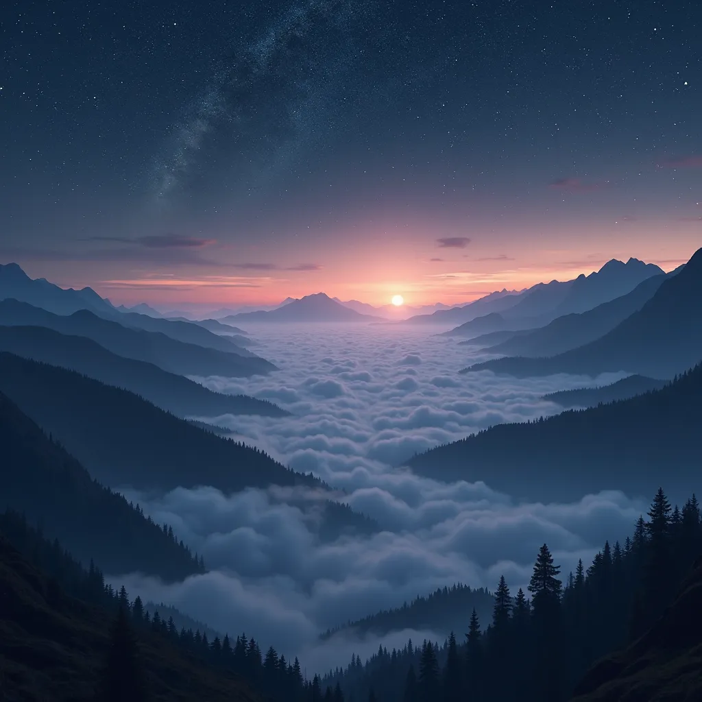 Sunrise in the mountains, it's still dark before dawn, the horizon is mountain range, there are countless stars in the sky, and a sea of ​​clouds in front of the mountain range, ultra 4K resolution, surreal, photography style.