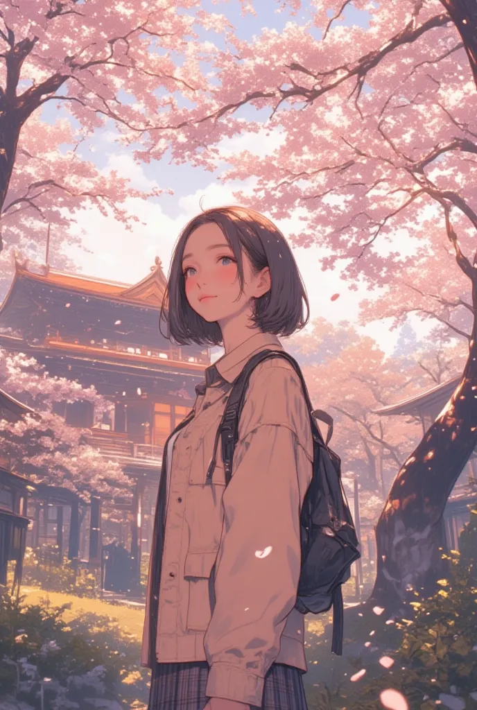  A young Asian woman, mid-20s, is depicted in a light peach-colored jacket over a plaid skirt. She has short, dark brown hair styled in a neat bob.  Her expression is pleasant and thoughtful, looking upward and slightly to her right.  She has a slim build ...