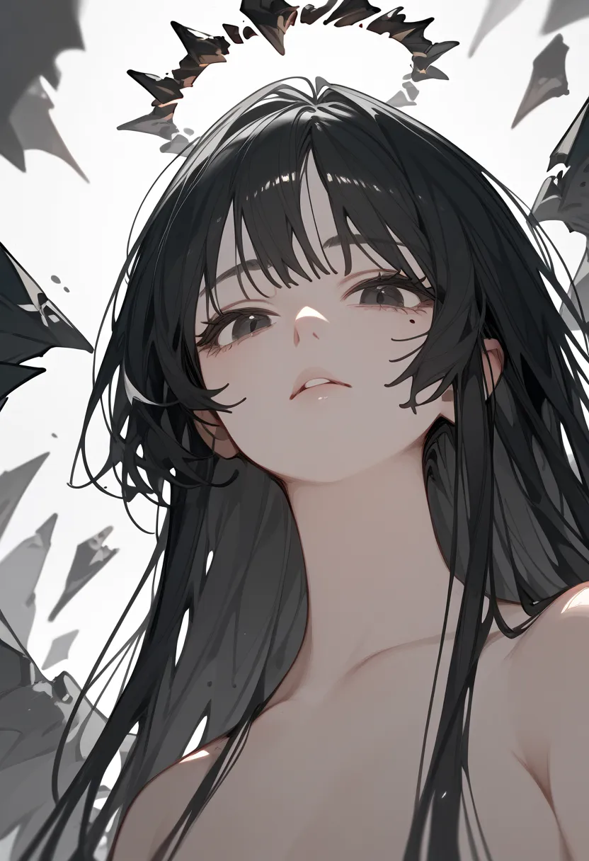  score_9,  score_8_ up,  score_7_ up,  1 girl,  black hair,  long hair, Broken Holy Ring,     dark eyes,     small mole under left eye, light skin tone、Fresh face、 completely naked,  Wings of Energy ,  video viewers, from below, close- up, but ,     calm, ...