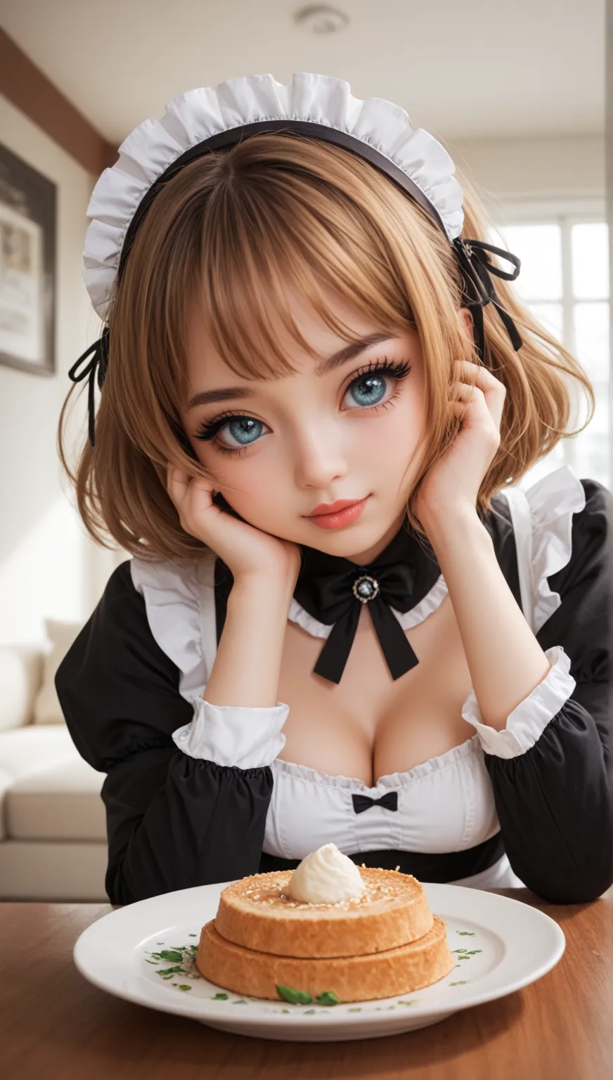  hamster girl, cute expression, stuff one&#39;s cheeks,  looks delicious, Tofu:1.4,  beautiful eyes, beautiful lips, very detailed目と顔, long lashes, ( gothic maid clothes,  frill),  precise description, anime style, Professional, Vivid Color, Bokeh, natural...