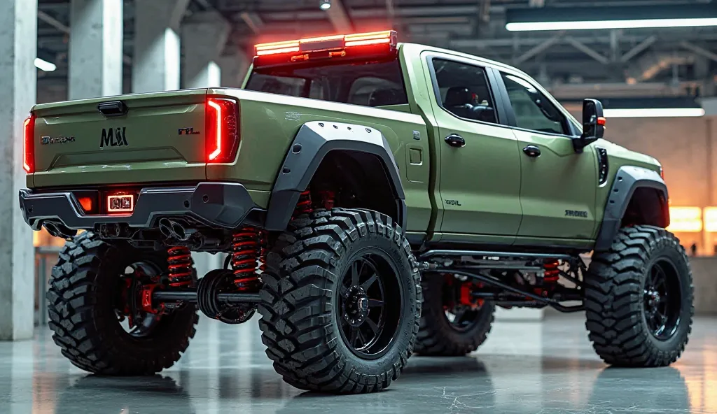 **"A futuristic, heavily modified mack off-road pickup truck captured from a dramatic side angle, standing tall in a high-tech showroom with focused lighting. The truck features a matte green armored body with aggressive black accents, giving it a military...