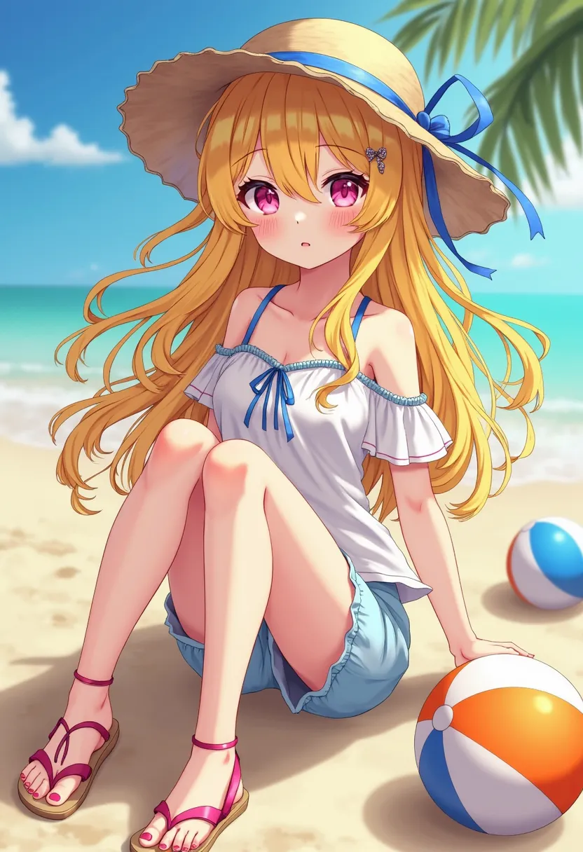 cute girl, dung pink eyes, yellow beach hat with blue ribbon, pink ultra-long wave hair,  bangs, white off-shoulder top,  blue shorts, pink string sendal, Beach ball on the side