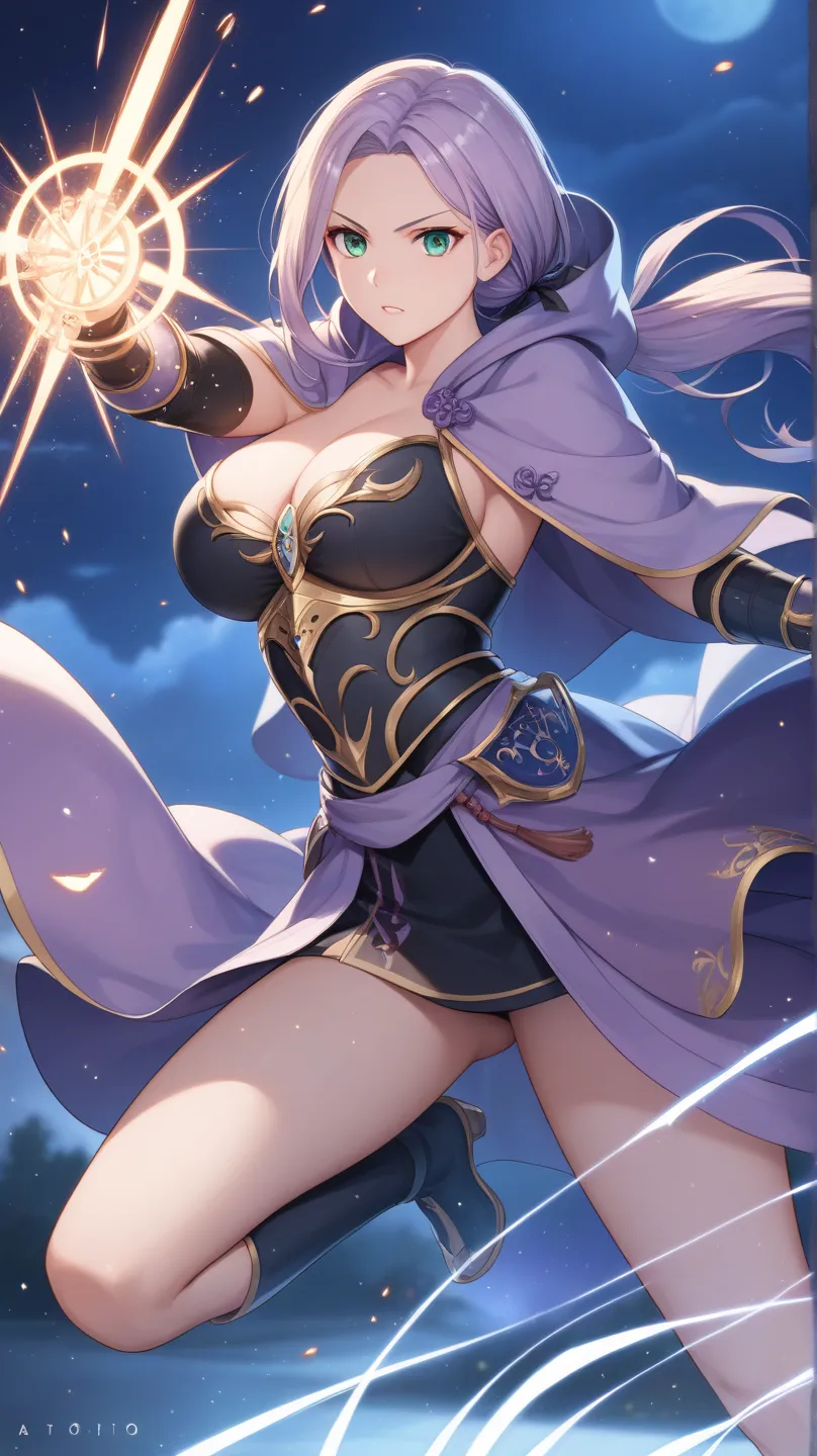 1 girl, anime-style illustration,
dark green cool eyes, 

light purple color long hair,low ponytail, parted bangs, 

masterpiece, top quality,insanely detailed, 

Late Night,fighting stance,

Alchemist,hooded enchanted robe,

Big Breasts, 

battle mage arm...