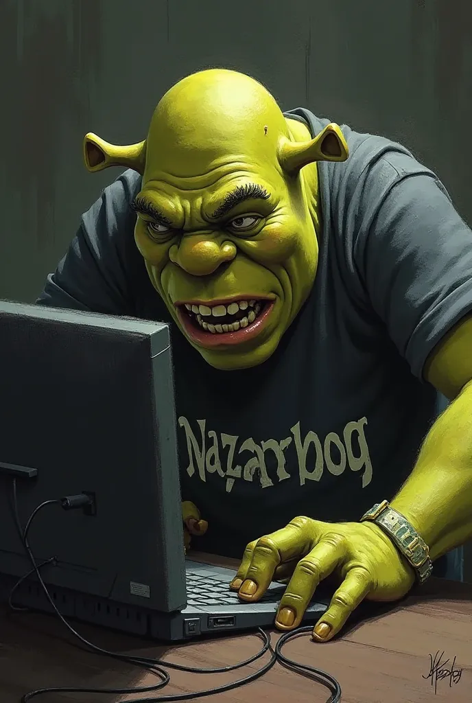 Shrek Scary plays computer on the shirt says nazarbog 