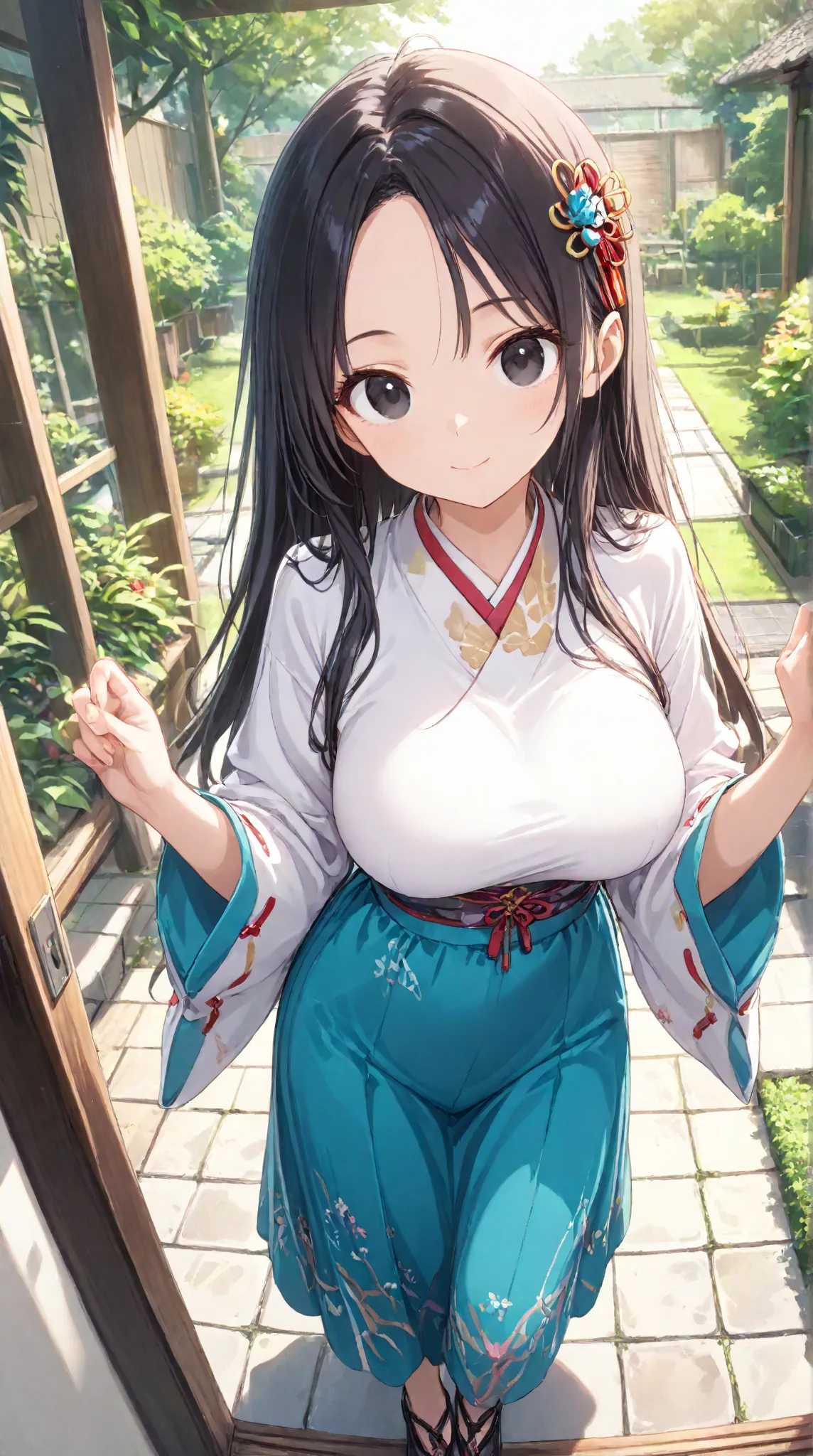 masterpiece,large breasts, long hair, (Black Hair 1.5) , bangs, （1 girl 1.5）,big eyes, Hair Ornaments , 18 years old、bust focus、watching viewers，full body,,cheerful, 、A-line skirt、wide sleeves、garden