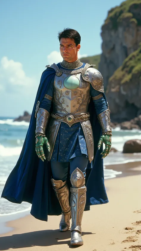 Tom Cruise reimagined as a majestic human-cancer hybrid with big green cancer claws walking and holding a silver scepter, dramatic atmosphere, 1 male、
short, dark brown hair and expressive hazel eyes, his skin has a green pearlescent glow, reminiscent of...