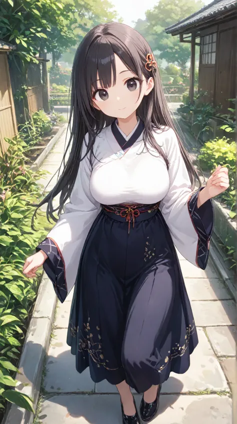 masterpiece,large breasts, long hair, (Black Hair 1.5) , bangs, （1 girl 1.5）,big eyes, Hair Ornaments , 18 years old、bust focus、watching viewers，full body,,cheerful, 、A-line skirt、wide sleeves、garden