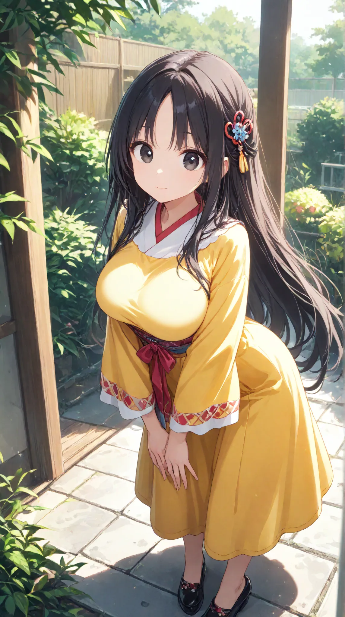 masterpiece,large breasts, long hair, (Black Hair 1.5) , bangs, （1 girl 1.5）,big eyes, Hair Ornaments , 18 years old、bust focus、watching viewers，full body,,cheerful, 、A-line skirt、wide sleeves、garden