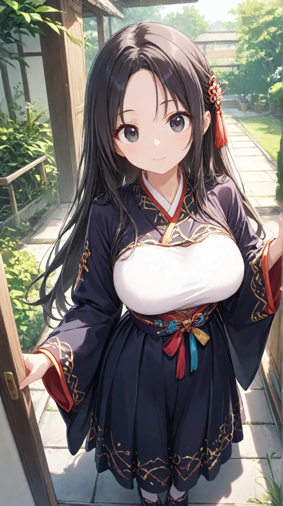 masterpiece,large breasts, long hair, (Black Hair 1.5) , bangs, （1 girl 1.5）,big eyes, Hair Ornaments , 18 years old、bust focus、watching viewers，full body,,cheerful, 、A-line skirt、wide sleeves、garden