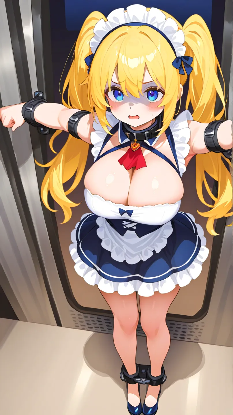 one woman　long hair　twin tails　 Blonde Blue Eyes Beautiful Girl　Big Breasts　Highly revealing maid outfit　The skirt is so short that you can almost see the pants　 two-hand restraint　pale red cheeks　 collar 　full body　Restrained on a train where there are a ...