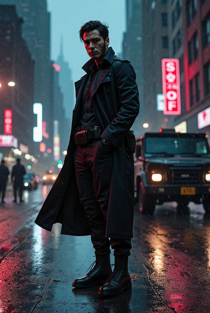 Scene:

A dark city street in a metropolis (e.g., New York) late at night. The rain has just stopped, and neon lights reflect on the wet asphalt. Skyscraper silhouettes loom in the background, and a few cars pass by, their headlights creating a moody glow....