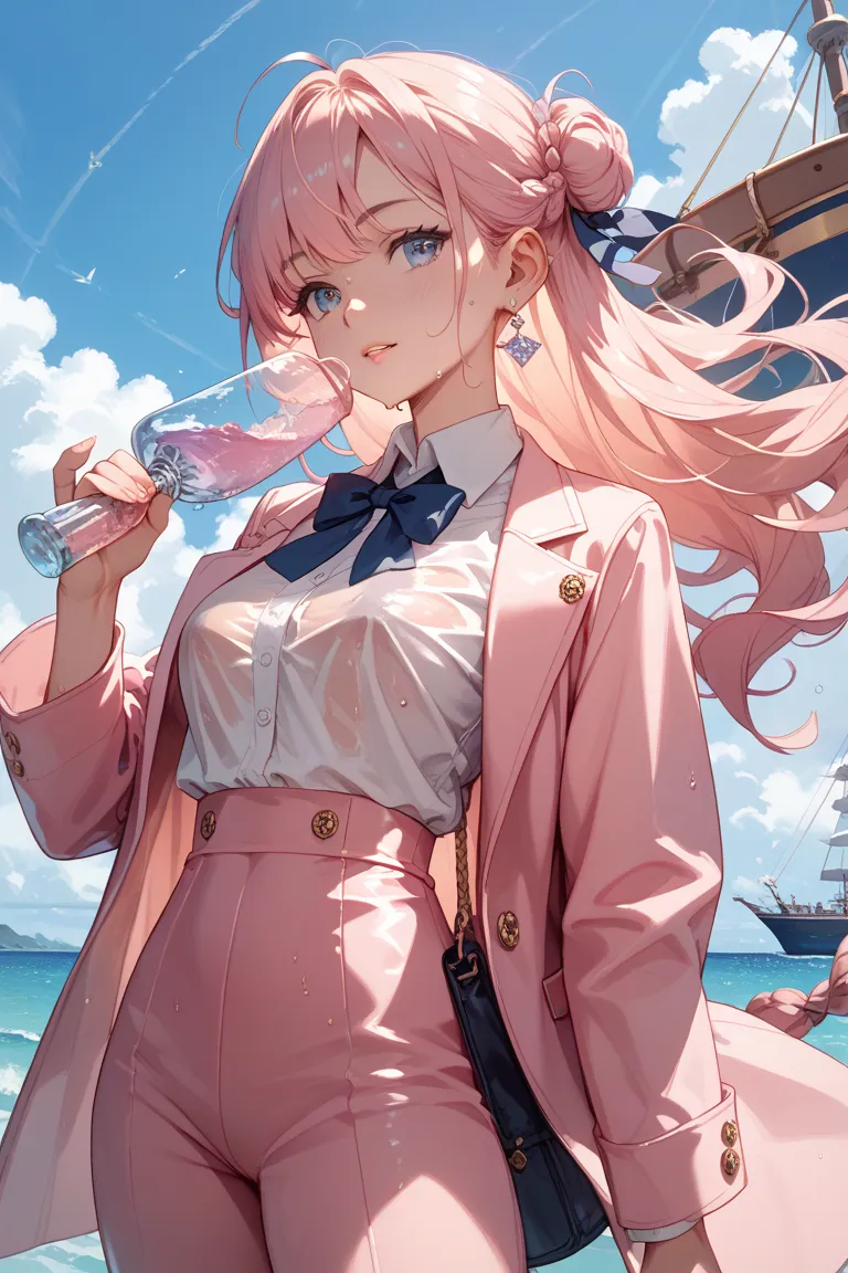 sweaty,transparent pink suit, holding a ship 