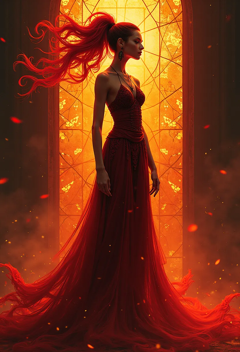 "A breathtaking fusion of abstract and anime-inspired art. A woman with an elongated, elegant silhouette, surrounded by a crimson, flaming aura. Her presence is a blend of organic and robotic elements, as if she exists between two realms. Her clothing is a...