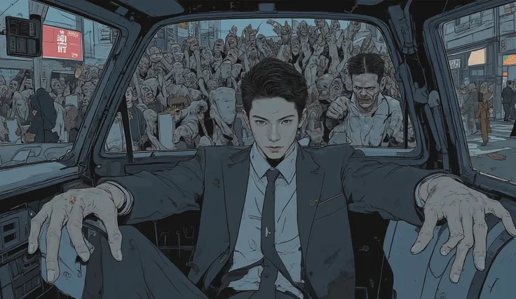 Picture of a handsome Japanese man in a car, illustration of a woman with a penis !, illustration of a woman with a penis、Zombies are overflowing outside the car、