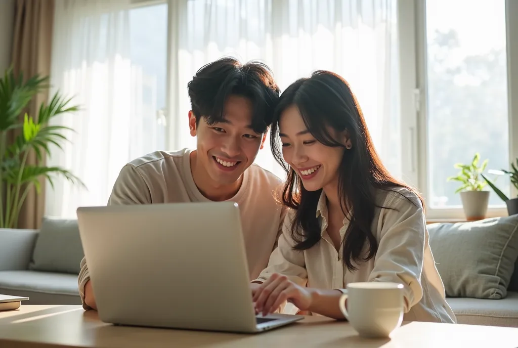 A high-resolution photograph of a young Japanese couple sitting together at a modern home table, engaging with a laptop. The man, wearing a casual sweater, is leaning slightly forward with a smile, pointing at the screen, while the woman, also dressed casu...