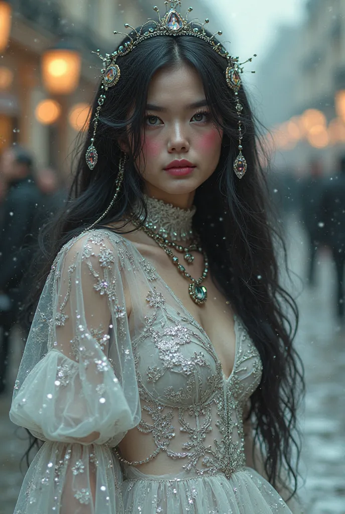 /imagine a stunning Ultra pattern digital liquid and iridescent digital work of art featuring a woman with long, straight black hair, pink cheeks, full pink mouth, perfectly outlined green eyes with an elaborate hairstyle with diamonds and fluid that combi...