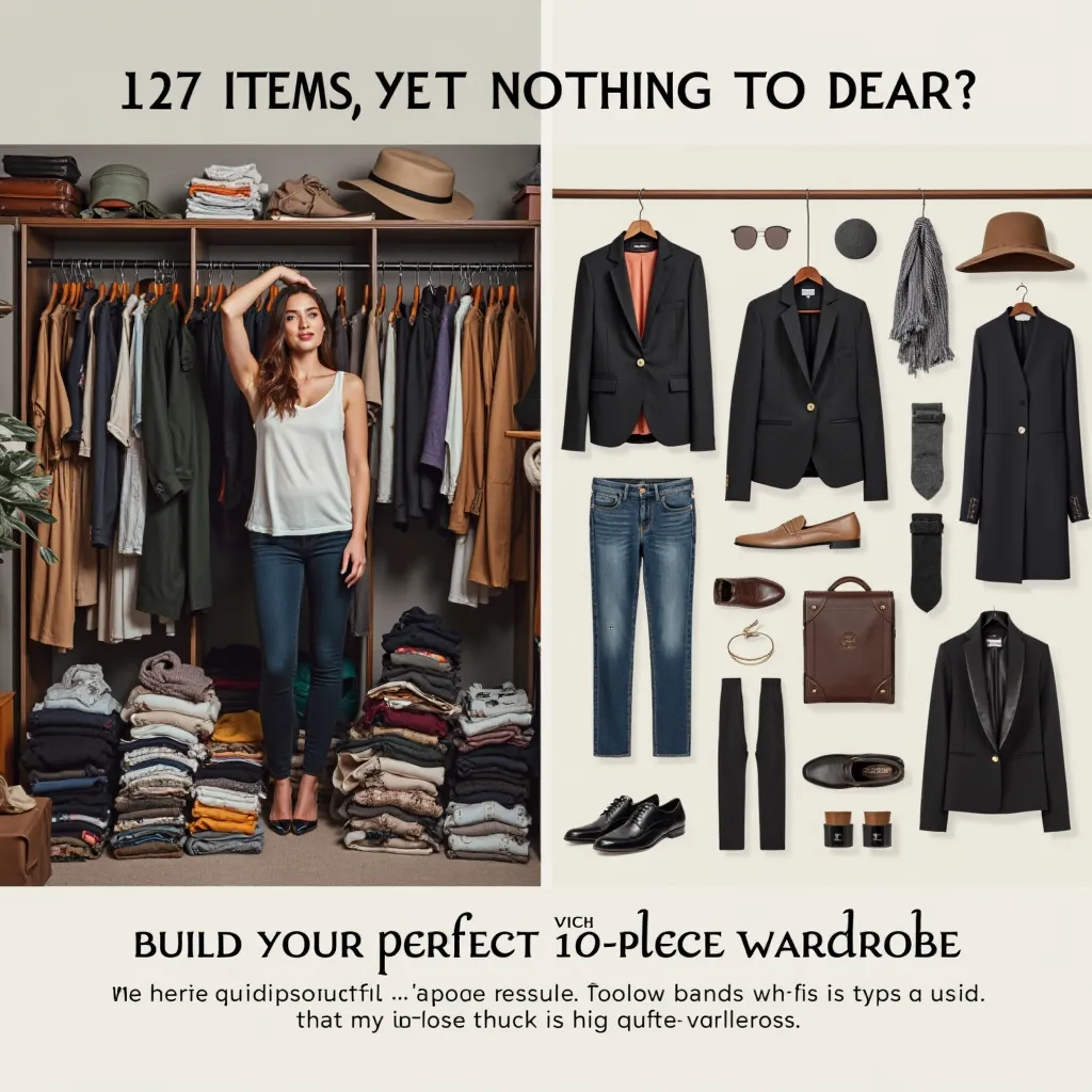 A split-screen visual showcasing two dramatically different approaches to dressing. On the left, a chaotic, overstuffed wardrobe with piles of clothes, an overwhelmed woman struggling to pick an outfit, and a dull, cluttered aesthetic. The text overlay rea...