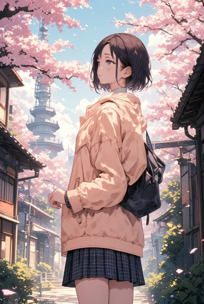  A young Asian woman, mid-20s, is depicted in a light peach-colored jacket over a plaid skirt. She has short, dark brown hair styled in a neat bob.  Her expression is pleasant and thoughtful, looking upward and slightly to her right.  She has a slim build ...