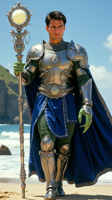 Tom Cruise reimagined as a majestic human-cancer hybrid with big green cancer claws walking and holding a silver scepter, dramatic atmosphere, 1 male、
short, dark brown hair and expressive hazel eyes, his skin has a green pearlescent glow, reminiscent of...