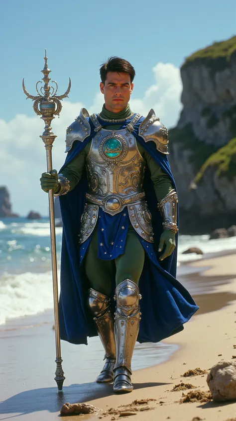 Tom Cruise reimagined as a majestic human-cancer hybrid with big green cancer claws walking and holding a silver scepter, dramatic atmosphere, 1 male、
short, dark brown hair and expressive hazel eyes, his skin has a green pearlescent glow, reminiscent of...