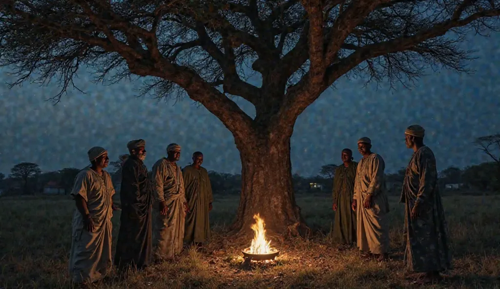 One night, the elders of umurdu community wearing Nigeria traditional wear looking at one another gathered under the sacred baobab tree, their faces grim. "This is no ordinary man," said the oldest among them.