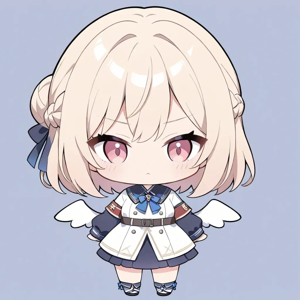 Chibi character: 1.2, best image quality, 8K, 16K, super resolution, light beige colour short bob, one-sided updo with partial braid on one side, a beautiful age girl, detailed face, detailed eyes, pink eyes, sullen expression, stuffed outfit with white ra...