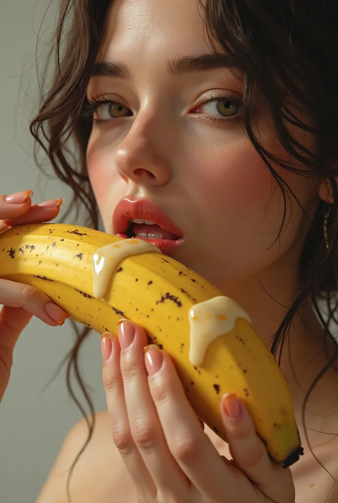 Empty of a woman who takes pleasure in sucking a banana with vanilla coulis on it