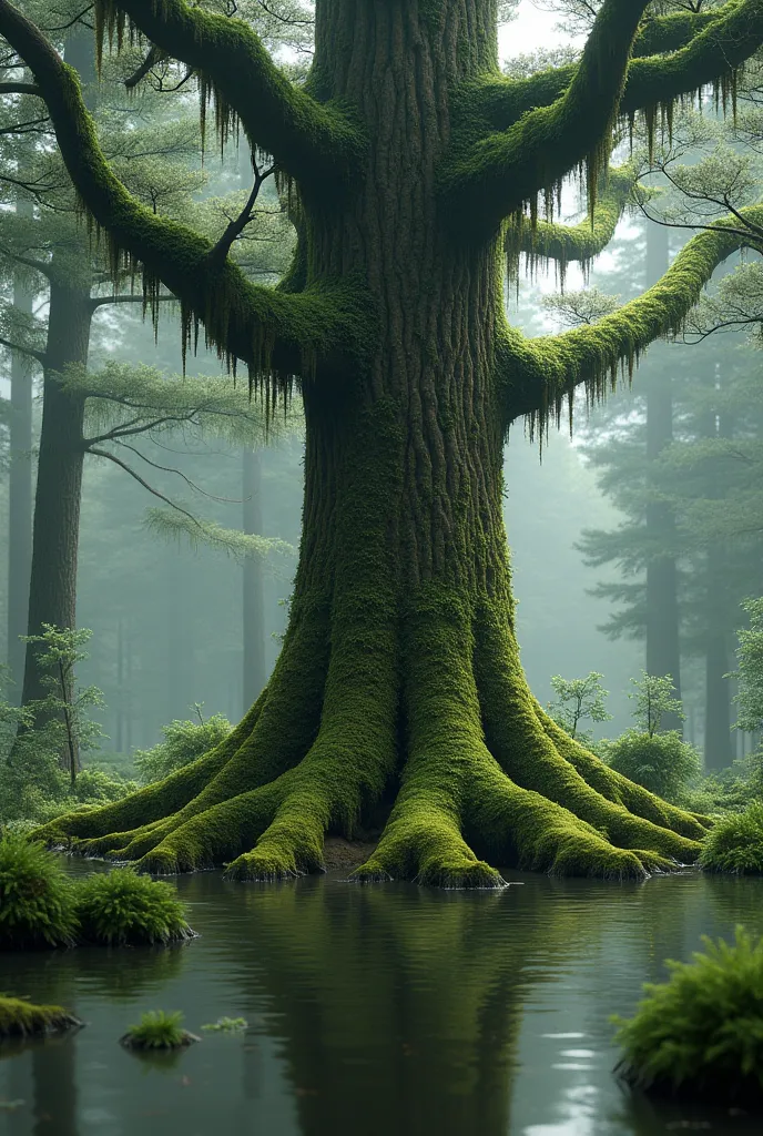 Spruce moss background. A spruce is standing in a swamp, and its branches are covered with moss. It also has a lot of beautiful green needles and cones