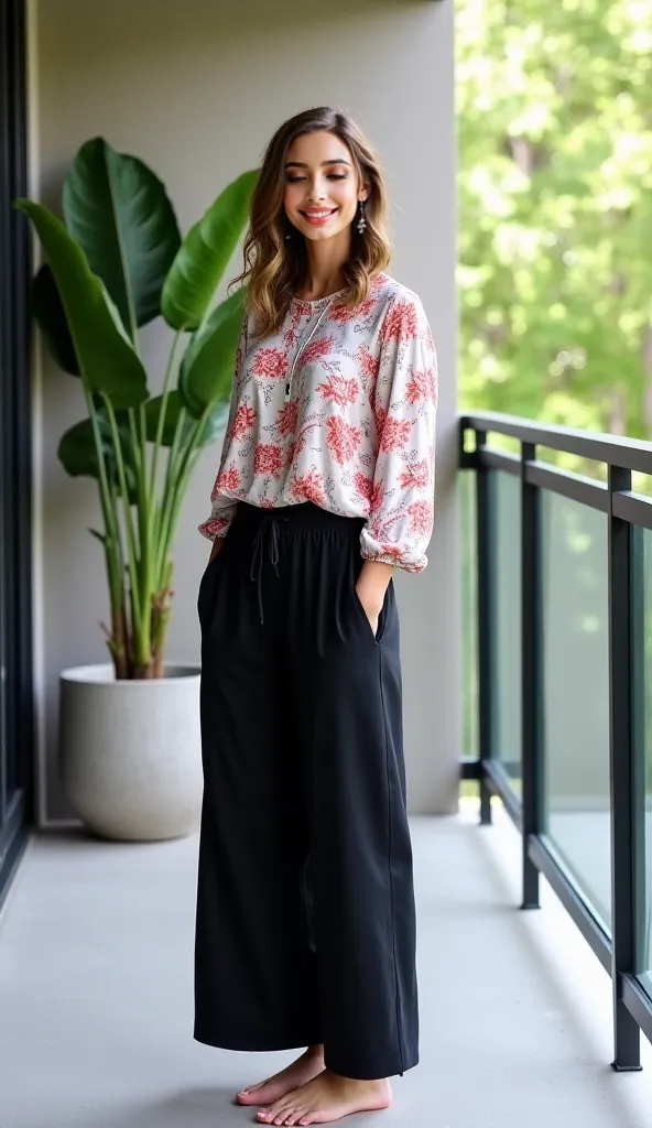 "A young woman with medium-length wavy hair is standing barefoot on a modern balcony with a railing. She is wearing a loose floral top with long sleeves, paired with wide-legged black pants. The setting is minimalistic, featuring a potted plant with large ...