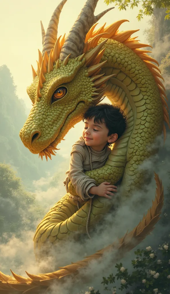 Prompts to hug a dragon:
 young , around  , the giant yellow scales of ancient dragons gently hugging the neck of an ancient dragon. What are the dark emerald green scales of dragons、twinkle under the soft sunlight, andその金色の目は深い愛情を表している. The ’s arms are wr...