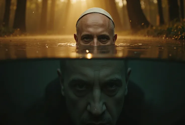 An intense close-up of a Pope's eyes emerging from the dark, murky swamp in a dramatic split-shot composition. (popefluxlora). The waterline cuts perfectly across the frame, revealing only his piercing, focused eyes above the surface, framed by the white f...