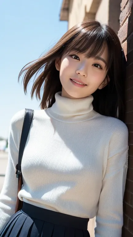 A young Asian woman is photographed at an angle, slightly to the left of the center of the frame. She is facing away from the camera, her hair is shoulder-length, dark brown, and flowing enough to reveal her bangs. She is wearing a slightly loose, soft-tex...