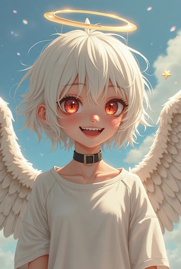 short ,  feminine, , that is, almost lola. Angel with a broken wing and halo, with sharp teeth , albino, eyes are redDressed must be something summery, lightweight light t-shirt, shorts and mb sports sweatshirt, chaos star choker