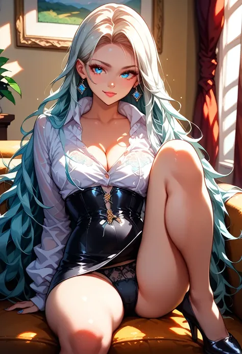 Anime style ::view from above::beautiful details :: masterpiece::1girl 23 years old::very long loose white wavy hair, open forehead :: light blue eyes::sexy slim body, big boobs,big hips::white shirt with cleavage, black corset under the chest, black tight...