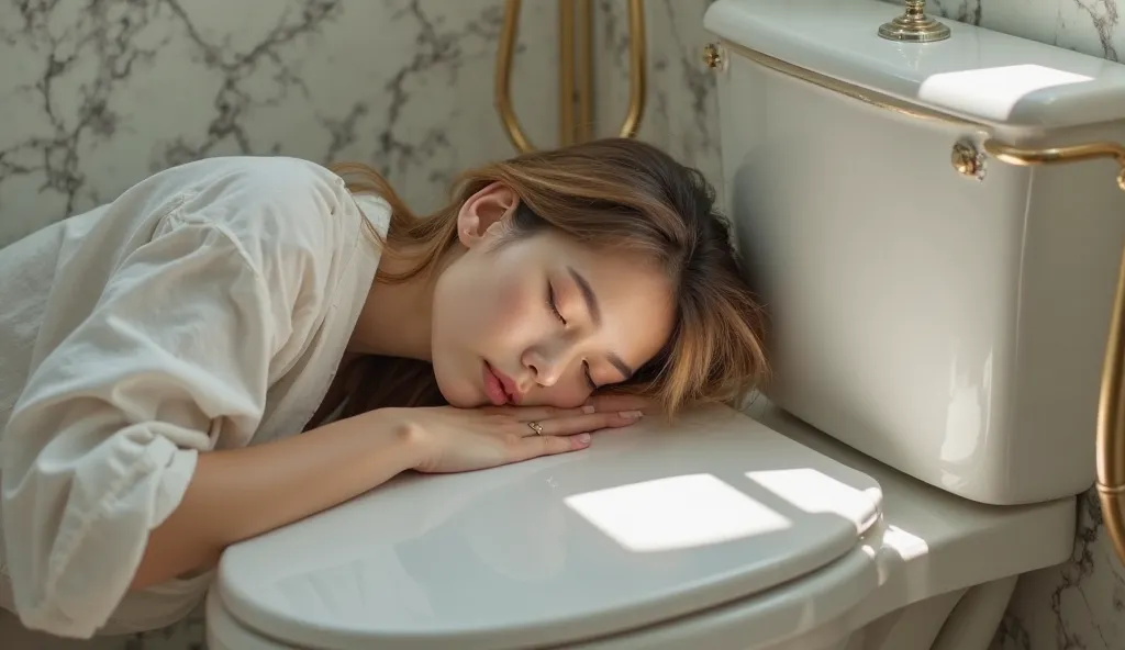 A close-up shot of a young woman, around 25 years old, with soft, smooth skin, peacefully sleeping with her head resting on the edge of a white toilet. She is wearing a simple, loose white shirt, her hair cascading softly on the surface. The image conveys ...