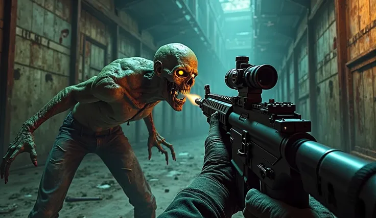 "A first-person perspective from a zombie shooter game. The player is holding a black assault rifle with a tactical design, aimed at a crawling zombie. The zombie has glowing yellow eyes, sharp teeth, and a decayed greenish-blue body with visible wounds. T...