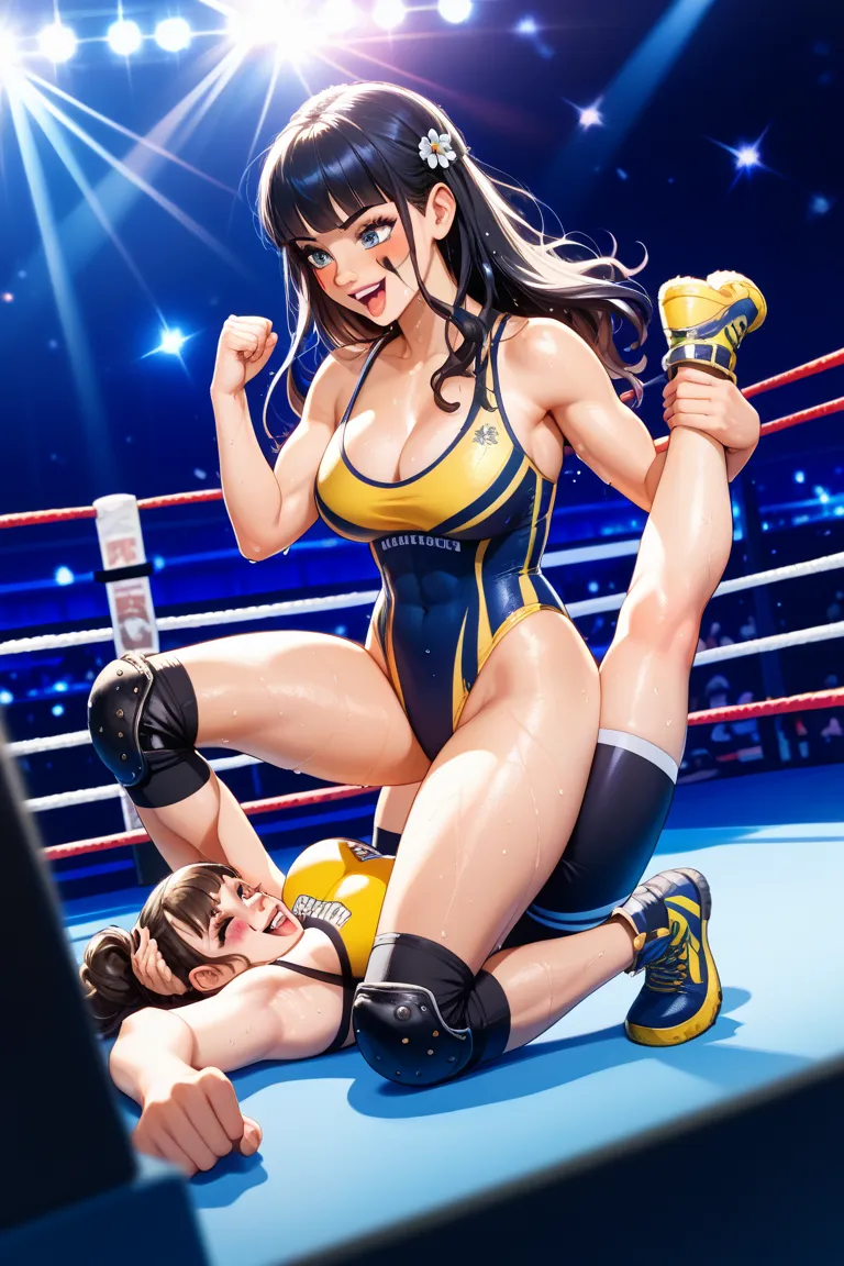 catfight specialmatch two people fighting very hard,while stomping on the opponent's face,
one is longblondhair wet blackone-peas swimsuit longwrestlingboots elbow and knee pads stagemakeup prettyface cute beautiful slender skiny slim thinness smily scotti...