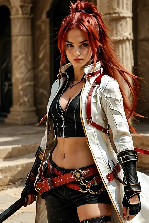 BlazingHeart, red hair, red eyes, long ponytail, white coat, cleavage, gloves, asymmetrical clothes, single pantsleg, standing, facing viewer, looking at viewers, large breasts