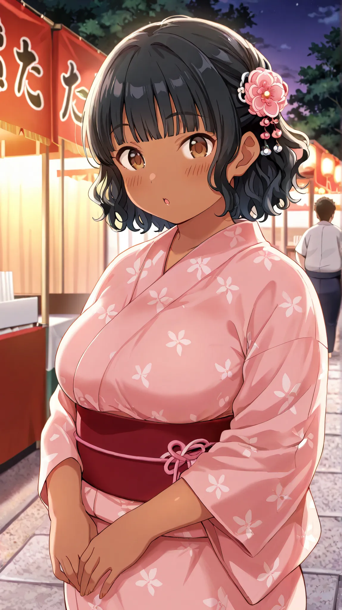 best_quality, detailed_ background, 1girl, chubby , medium breasts, brown skin, short hair, wavy hair, straight bangs, black hair, brown eyes, japanese festival, hair accessories