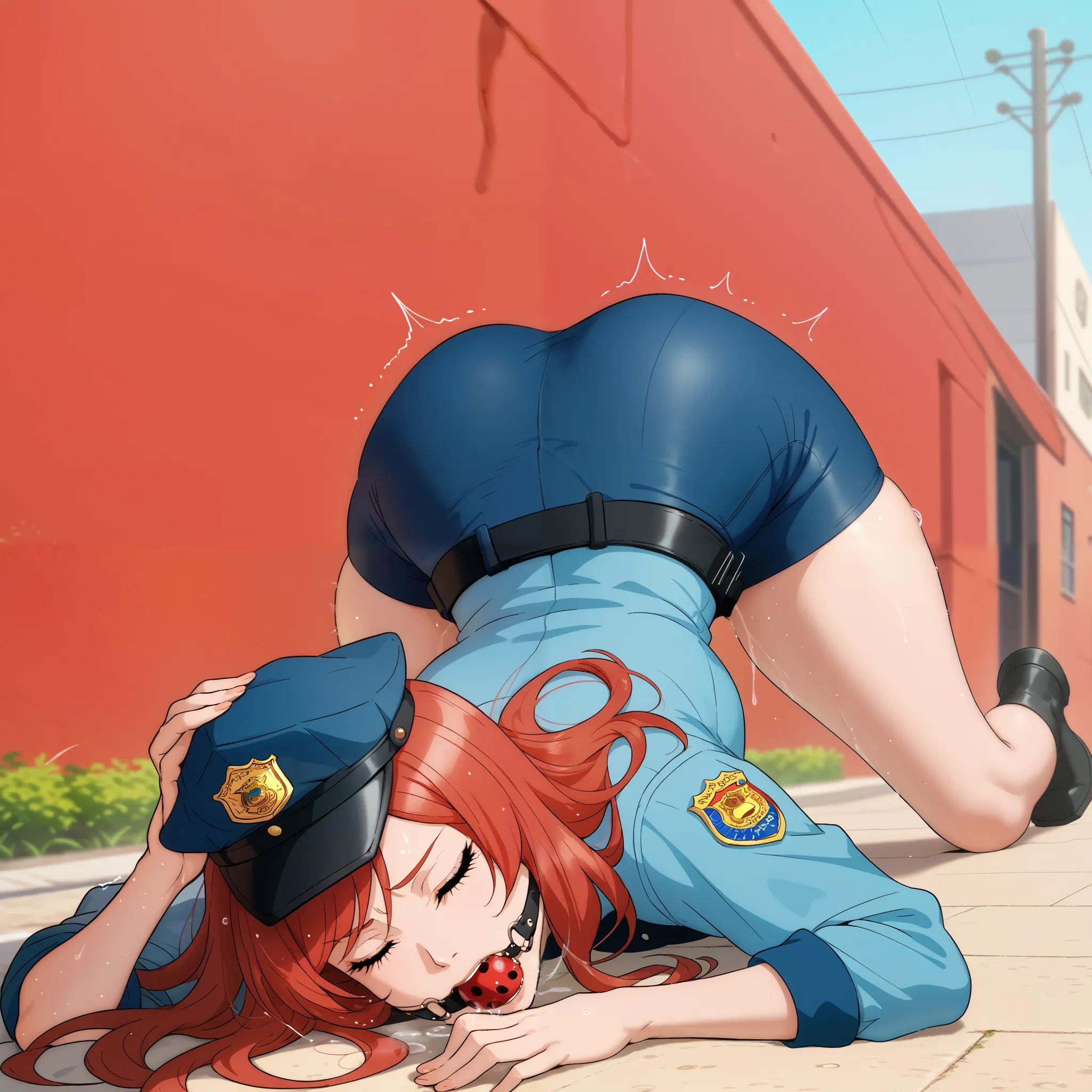 Female, Curvy body shape, Red hair, Bold geometric design, nishikino maki, sexual and bold posture, Outdoors, RUKIA Style,long hair, closed eyes,thin torso, narrow waist, police clothes,short skintight skirt, police cap,long girl, top-down_bottom-up, own h...