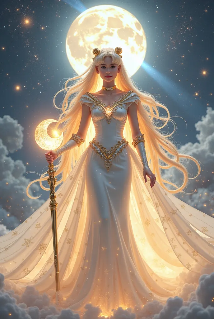 A realistic and breathtaking ultimate form of Sailor Moon, transformed into the celestial goddess of the moon. She wears an elaborate gown of white and gold, with intricate silver embroidery of stars and moons, and a flowing, luminous cape resembling the M...