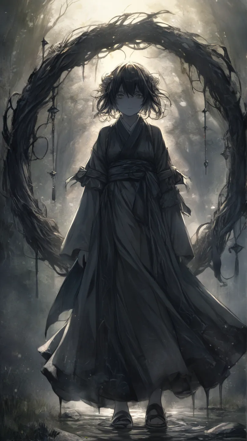 "A chilling and mysterious Japanese yokai named Yobigoe-no-Kurayami, the calling darkness. It manifests as a patch of unnatural shadow, deep and consuming, from which familiar voices whisper. The voices call gently, urging one to step closer, to listen jus...