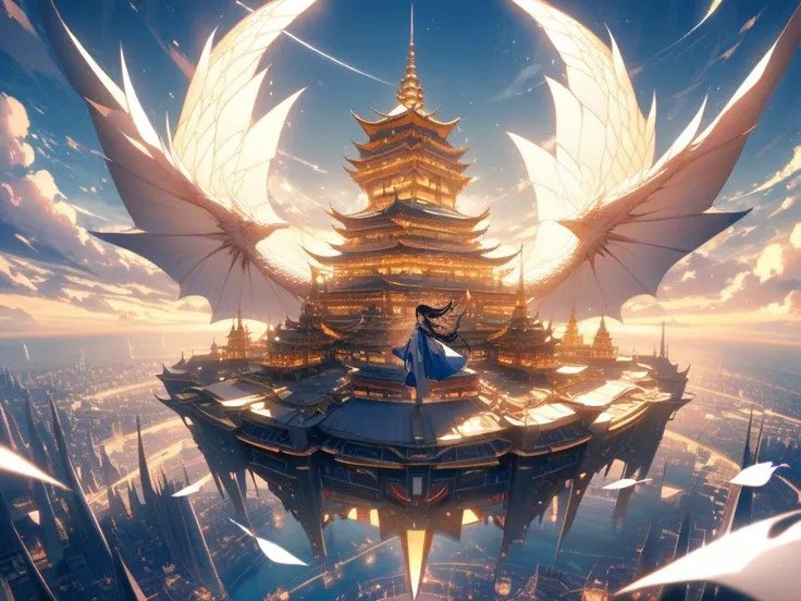 A girl straddles a flying dragon、flying towards the floating city。flying towards the floating city、has a beautiful streamlined body。the floating city that can be seen in the distance、flying towards the floating city、the rope hangs from her finger。The girl ...