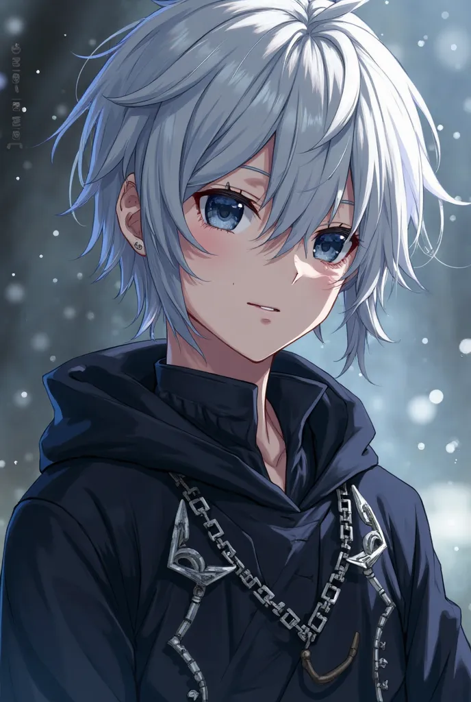 A silver-haired anime boy with dark locks that seem almost invisible, but they shine under a certain light.  dark and deep eyes , with a slight scar mark on the left cheek,  as a result of past battles .
It lasts: Black and dark robes with silver details, ...