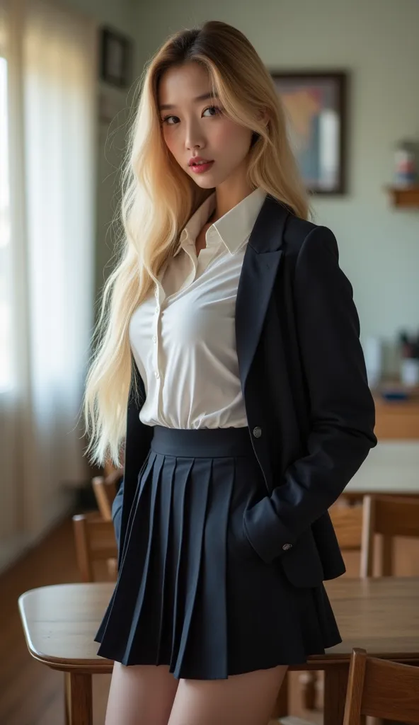 Beautiful woman in school uniform, standing, image from right side, in skirt, in jacket, very thin legs, very long blonde hair, huge bust, big lips, flirting, in buttoned shirt, young Asian face, wide cheekbones, sharp chin, narrow nose . The background sh...