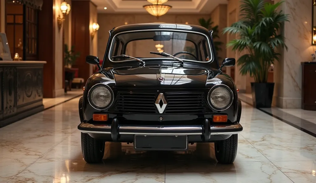 "Generate a high-quality front-view image of a classic Renault 4 in pure black color, standing in a luxurious showroom. The car should have a glossy black finish, reflecting the showroom's ambient lighting. The front grille, round headlights, and signature...