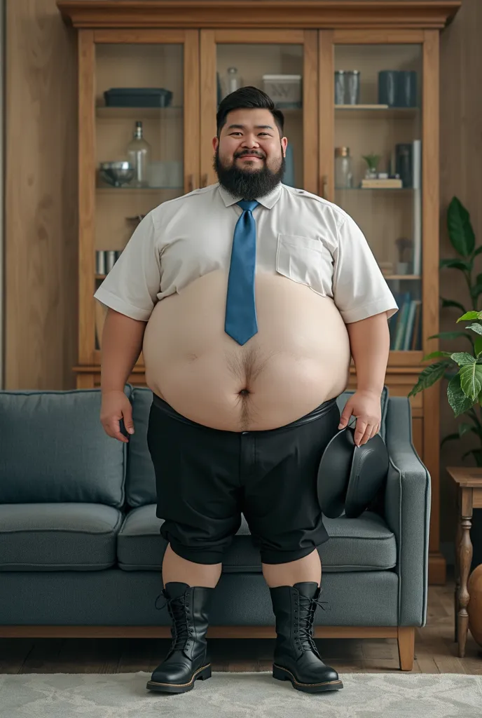 A young Chinese fat man dressed in rice,Short round ,short hair,Big round face,very round cheeks,Chin and beard,Very well-developed pectoral muscles,with bulging bellies highlight rolling circles,he stands quietly and leisurely On the gray sofa,looks relax...