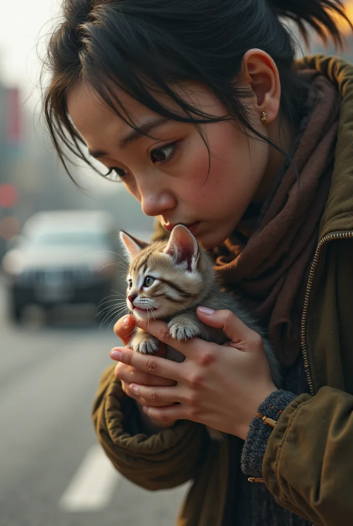 "A small, cute kitten trying to cross the road when a speeding car hits it. A kind person rescues the kitten. Describe the rescue and healing process."