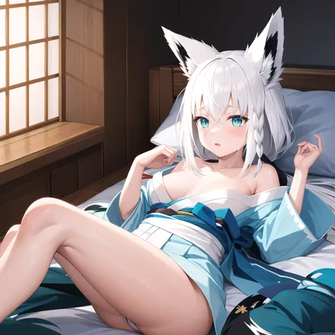 Masterpiece,  is very detailed, shirakami fubuki [Vtuber, one white fox girl ,anime], very Long Hair , white Hair, fox ears, fox tail, D cup chest ,kimono, off shoulder,  lie down on bed,[ day time ,Japanese bedroom ,red face, Sleepy face ,  Sexy Charm  ,h...