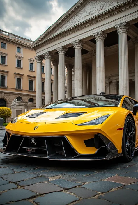 Yellow Lamborghini Huracán Roman building background,8K, wallpaper , high quality 